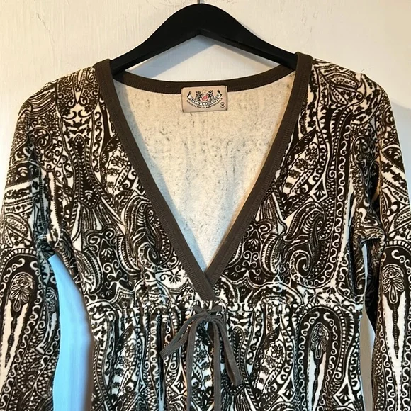 Y2K Juicy Couture Paisley Velour Olive & Tan Umpire Waist Drawstring Dress M - Picture 5 of 11